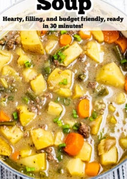 Pinterest pin with a dutch oven full of ground beef soup.