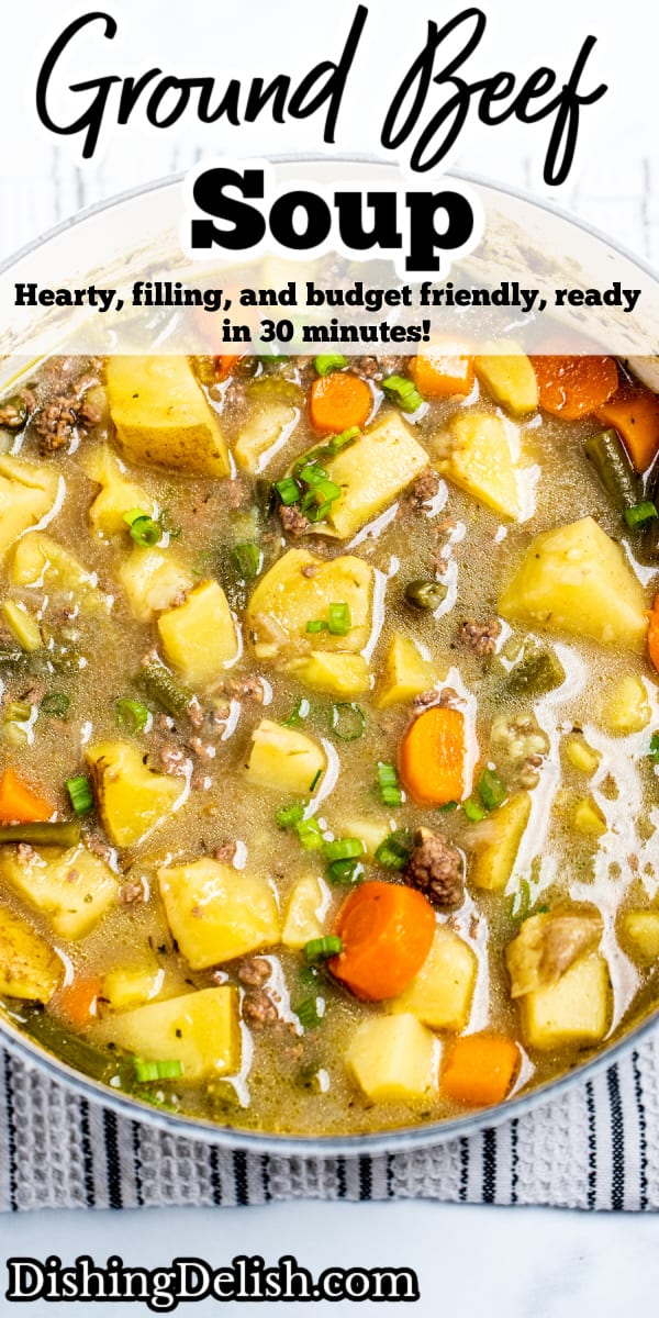 Pinterest pin with a dutch oven full of ground beef soup.