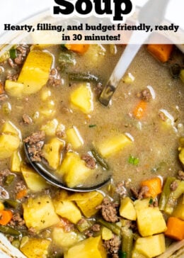 Pinterest pin with a dutch oven of ground beef soup with a ladle.