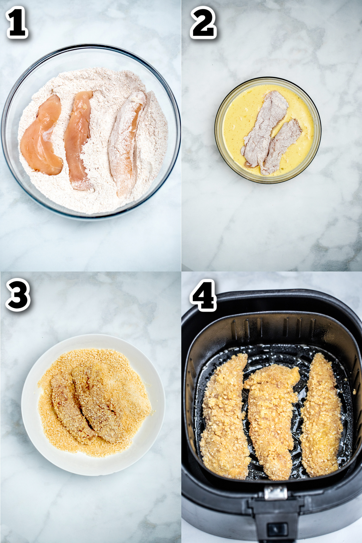 Step by step photos of how to make air fryer chicken tenders.