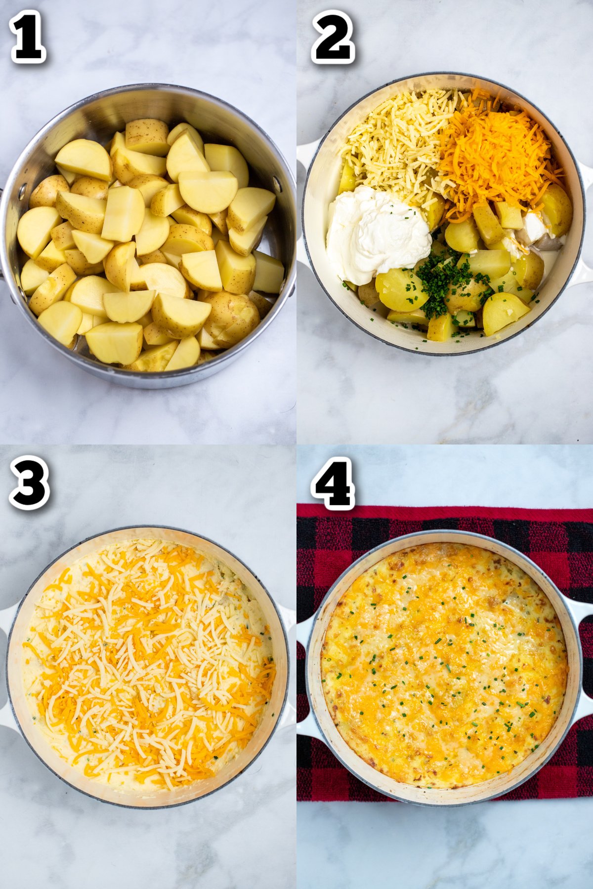 Step by step photos for how to make cheesy mashed potatoes.