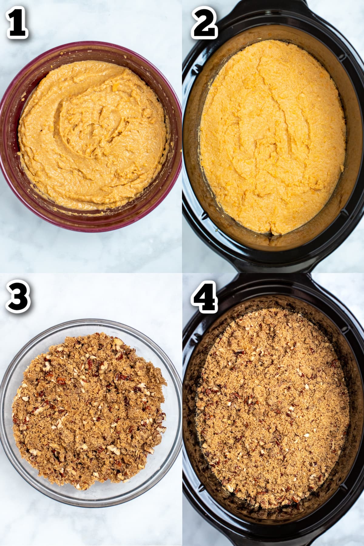 Step by step instructions for how to make crockpot sweet potato casserole.