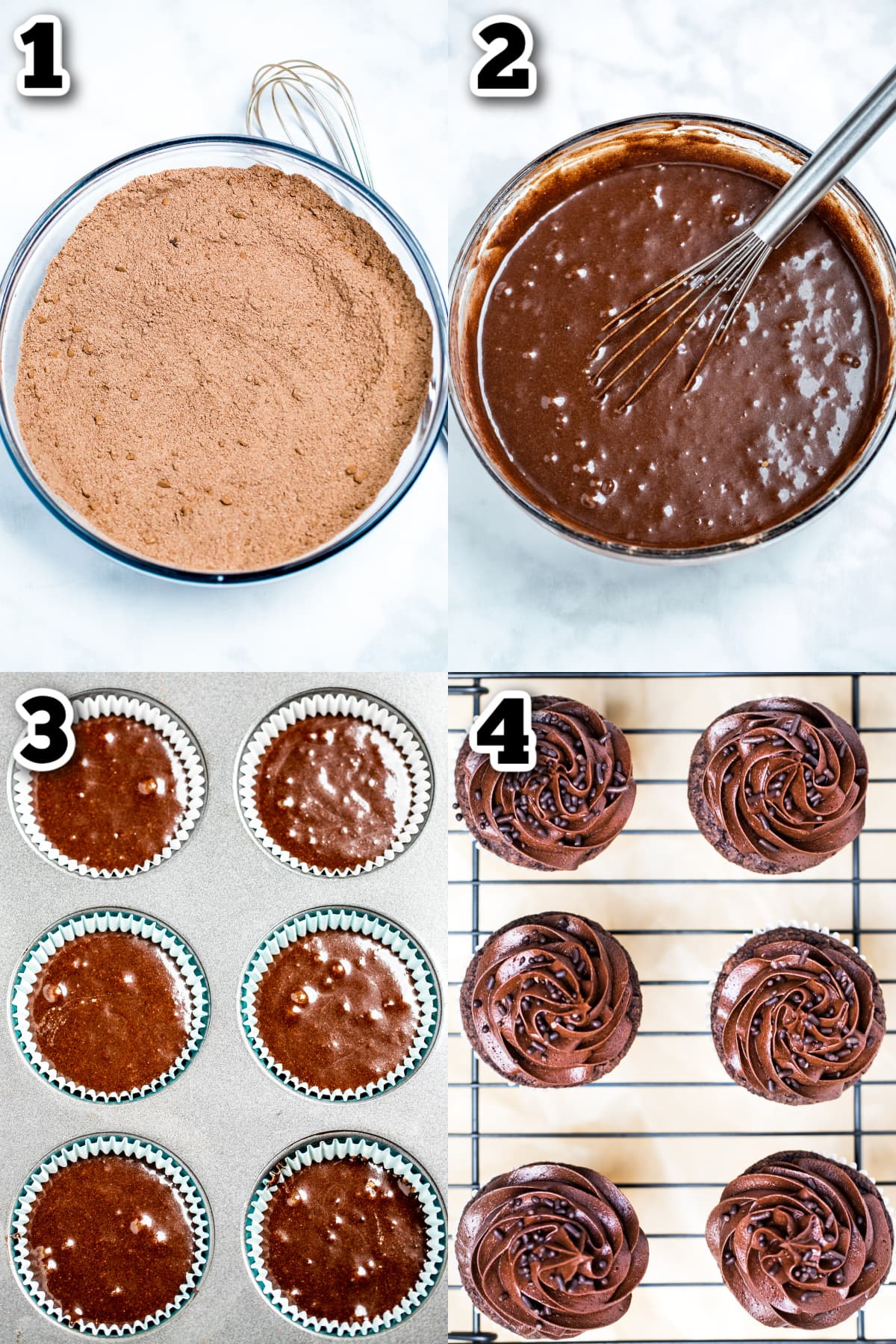 Step by step photos on how to make gluten free chocolate cupcakes.