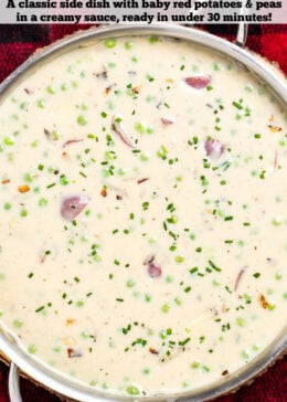 Pinterest pin with a skillet of creamed peas and potatoes on top of a towel.