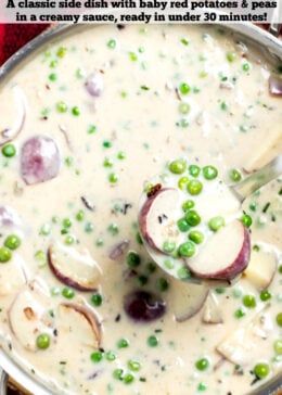 Pinterest pin with a ladle scooping creamed peas and potatoes from a skillet.