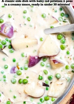 Pinterest pin with a ladle in creamed peas and potatoes in a skillet.