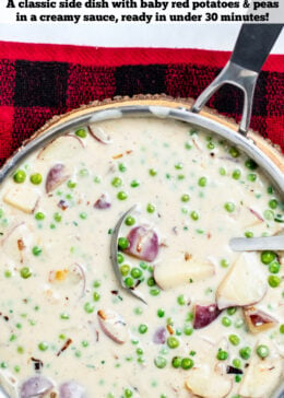 Pinterest pin with a ladle scooping creamed peas and potatoes from a skillet.