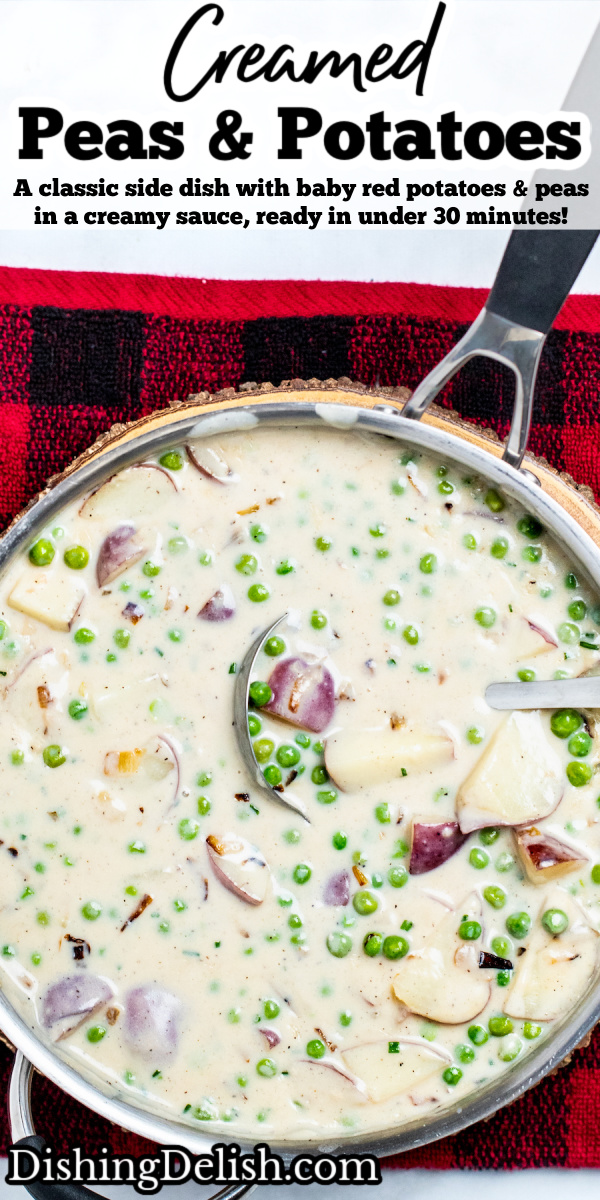 Pinterest pin with a ladle scooping creamed peas and potatoes from a skillet.