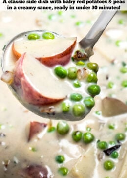 Pinterest pin with a ladle scooping creamed peas and potatoes from a skillet.