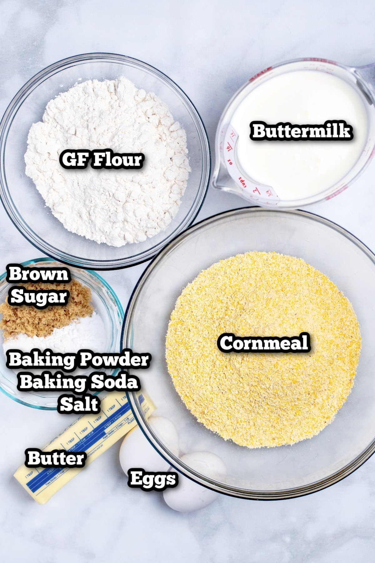 Individual ingredients for gluten free cornbread.