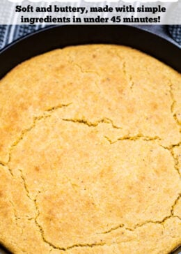 Pinterest pin with a cast iron skillet of gluten free cornbread.