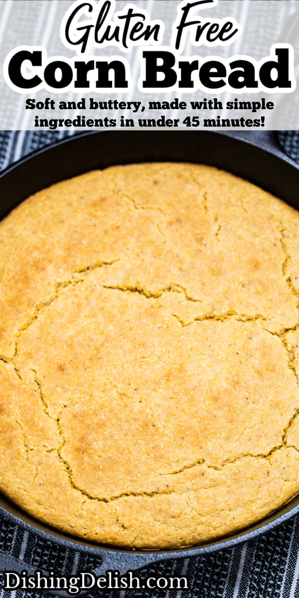 Pinterest pin with a cast iron skillet of gluten free cornbread.