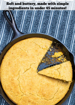 Pinterest pin with a cast iron skillet of gluten free cornbread and a slice being lifted out.