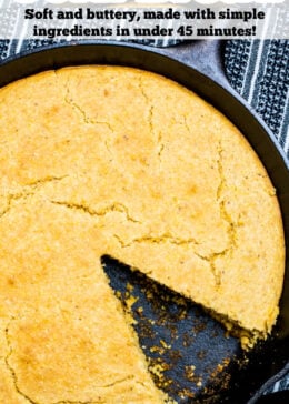 Pinterest pin with a cast iron skillet of gluten free cornbread with a slice missing.