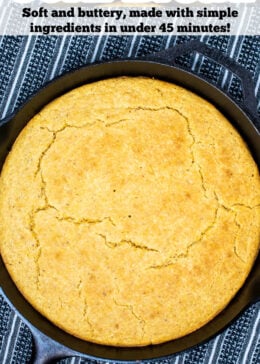 Pinterest pin with a cast iron skillet of gluten free cornbread.