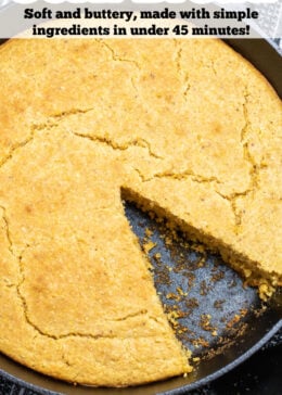 Pinterest pin with a cast iron skillet of gluten free cornbread and a slice missing.