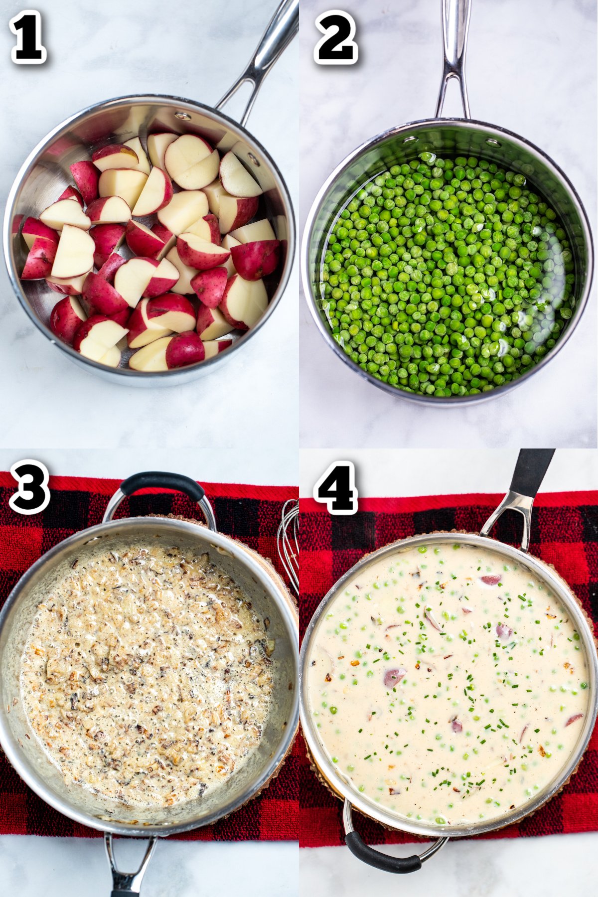 Step by step photos for how to make creamed peas and potatoes.