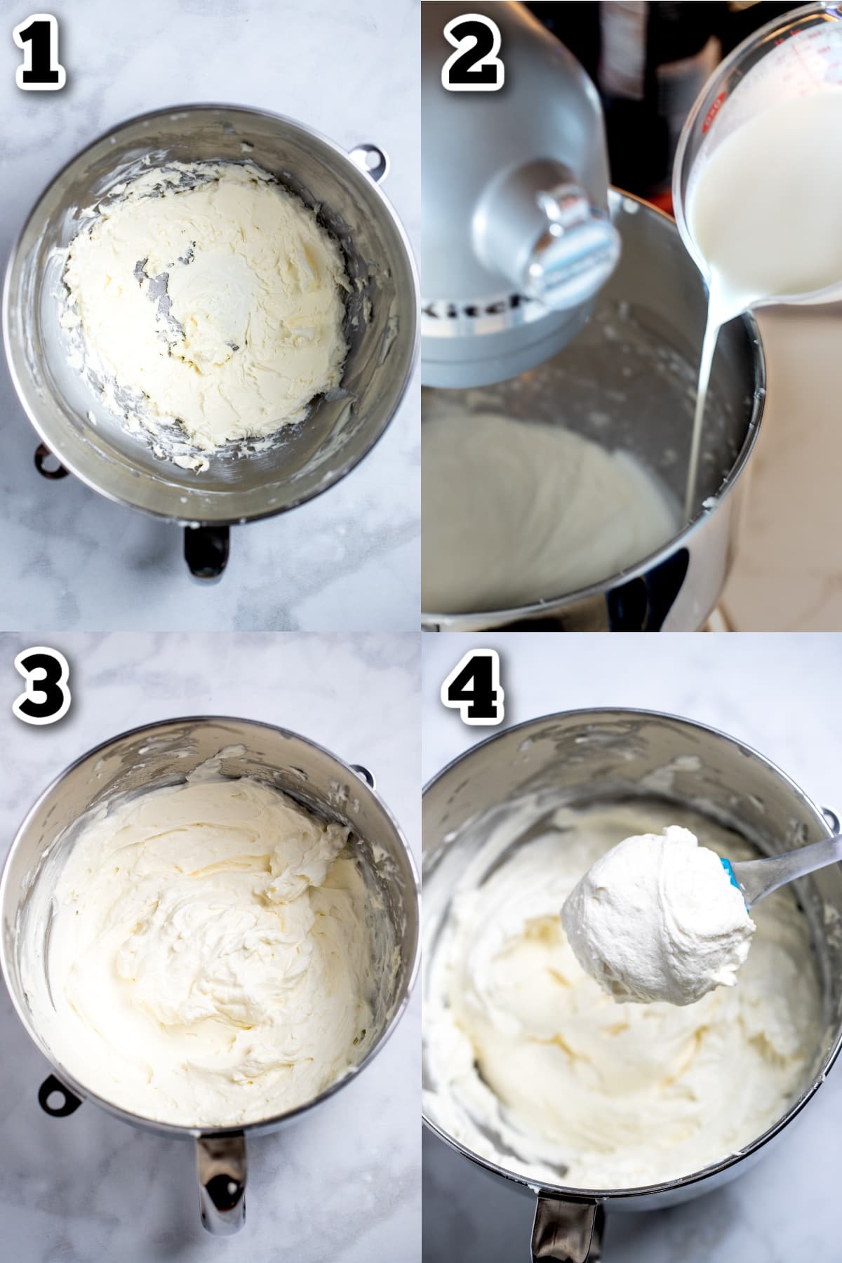 Step by step photos for how to make whipped cream cheese frosting.