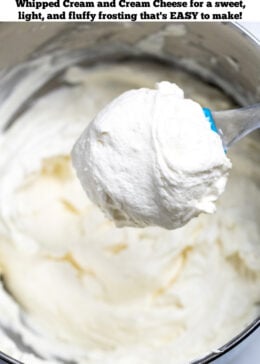 Pinterest pin with a mixing bowl of whipped cream cheese frosting and a spoon holding a scoop of frosting above the bowl.