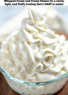 Pinterest pin with whipped cream cheese frosting piped into a glass bowl on a wooden cutting board.