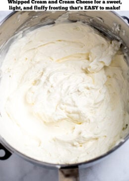 Pinterest pin with a mixing bowl of whipped cream cheese frosting.