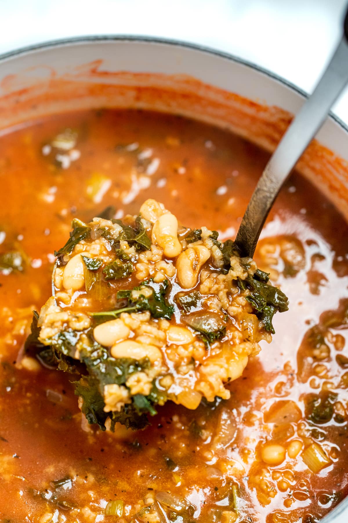 A ladle scooping kale and white bean soup out of a big pot of soup.