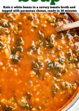 Pinterest pin with a pot of kale and white bean soup with a ladle resting in it.