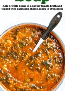 Pinterest pin with a pot of kale and white bean soup with a ladle resting in it.