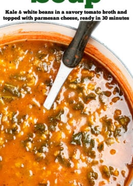 Pinterest pin with a pot of kale and white bean soup with a ladle resting in it.