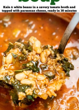 Pinterest pin with a ladle scooping up kale and white bean soup.