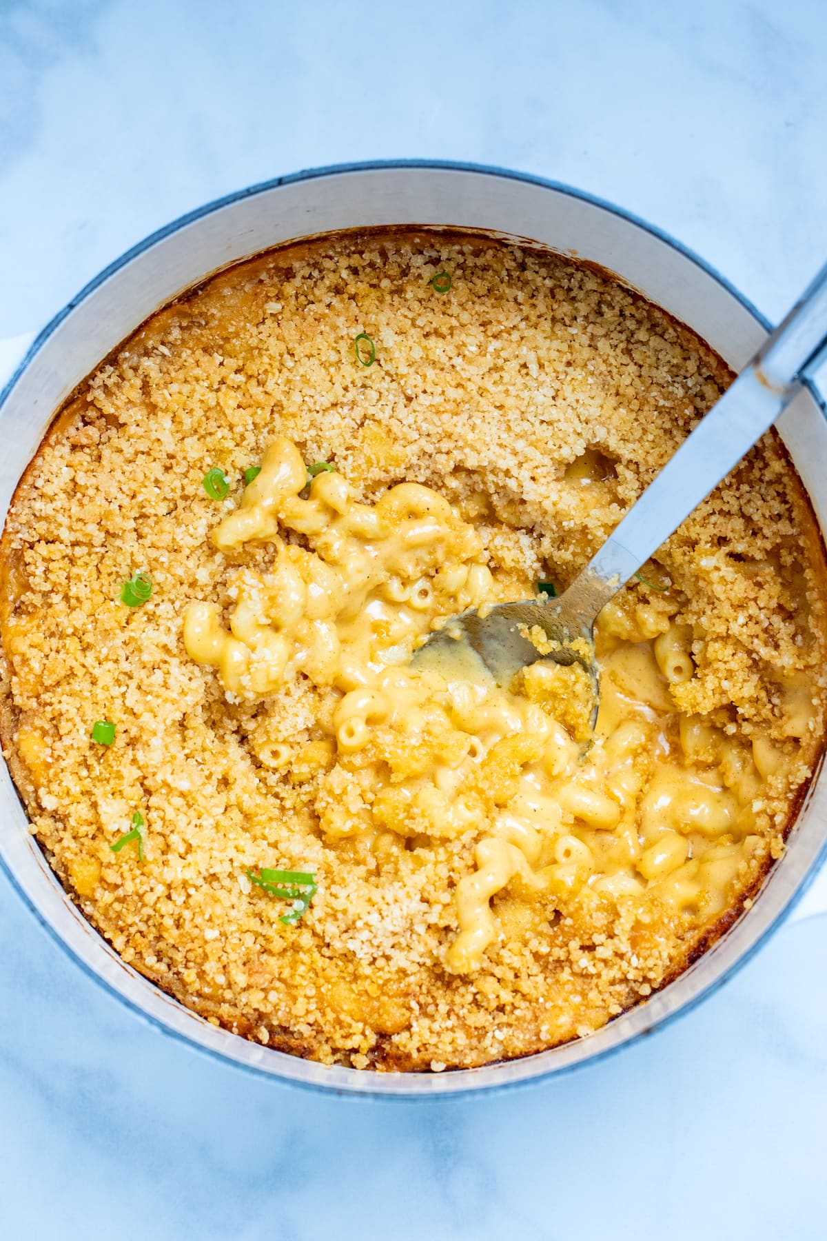 A dutch oven of gluten free mac and cheese topped with breadcrumbs with a spoon.
