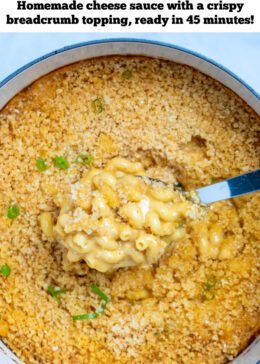 Pinterest pin with a spoon scooping gluten free mac and cheese out of a dutch oven.