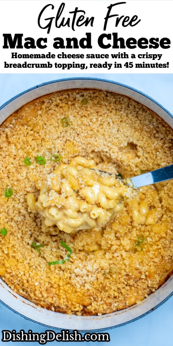 Pinterest pin with a spoon scooping gluten free mac and cheese out of a dutch oven.