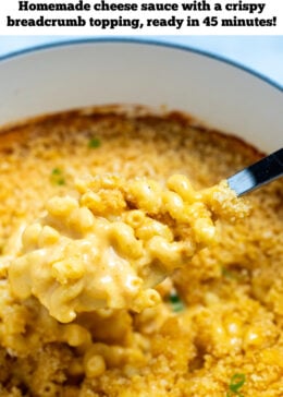 Pinterest pin with a spoon scooping gluten free mac and cheese out of a dutch oven.