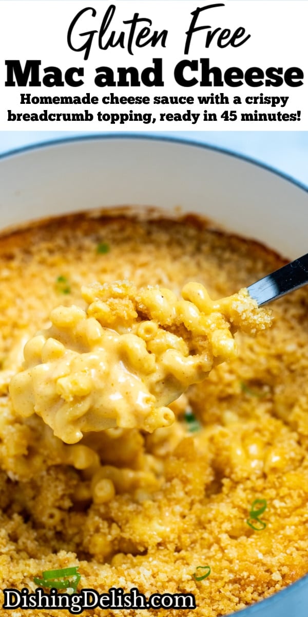 Pinterest pin with a spoon scooping gluten free mac and cheese out of a dutch oven.