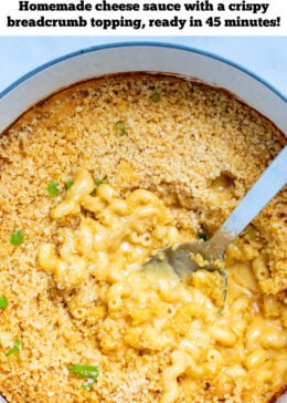 Pinterest pin with a spoon scooping gluten free mac and cheese out of a dutch oven.