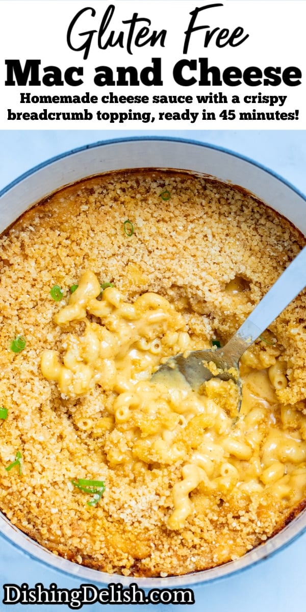 Pinterest pin with a spoon scooping gluten free mac and cheese out of a dutch oven.