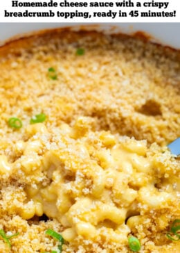 Pinterest pin with a spoon scooping gluten free mac and cheese out of a dutch oven.