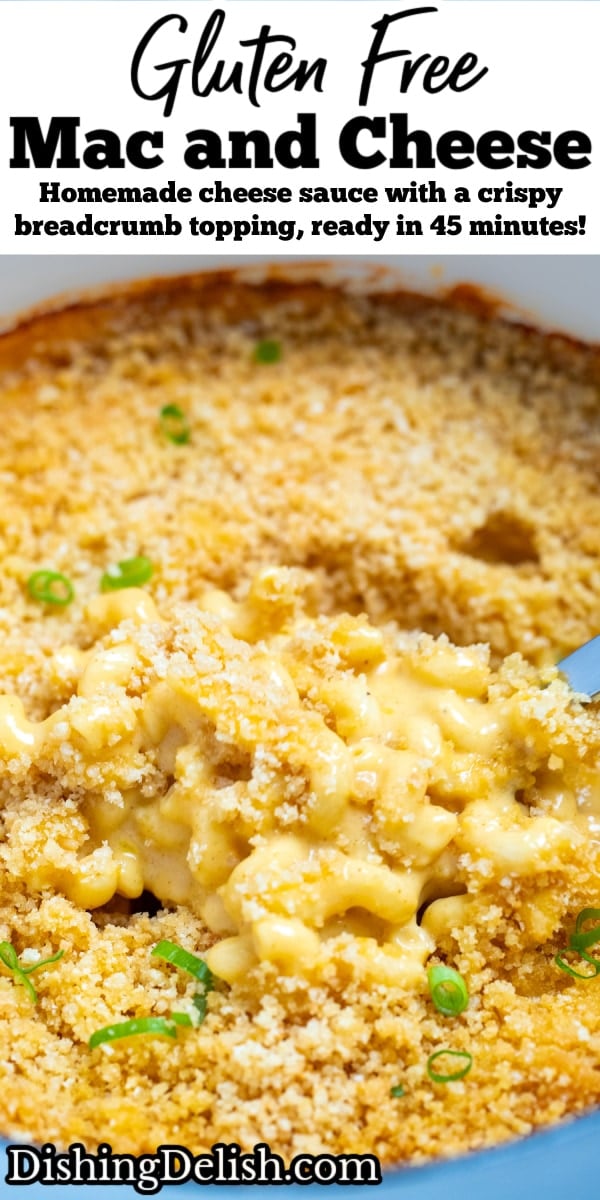 Pinterest pin with a spoon scooping gluten free mac and cheese out of a dutch oven.