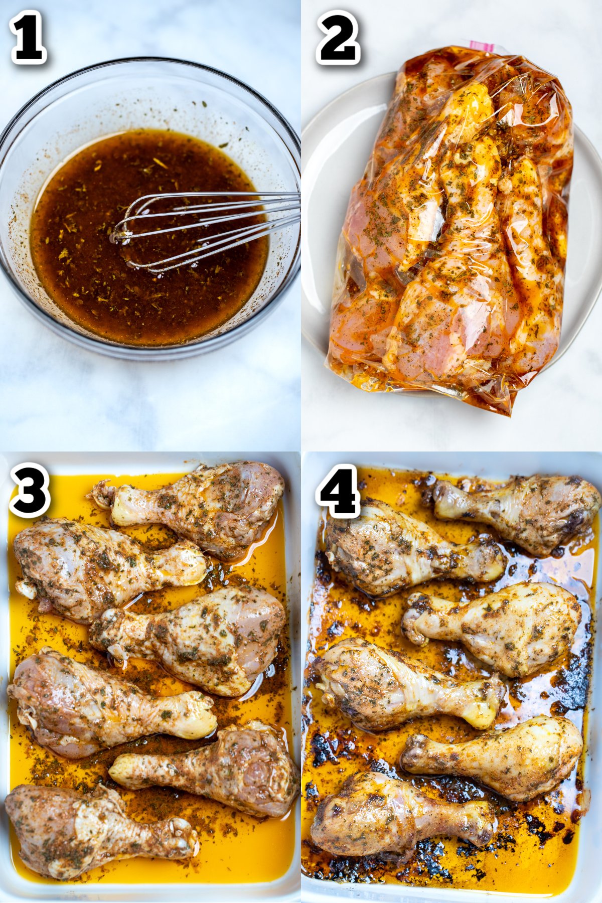 Step by step photos for how to make marinated chicken drumsticks.