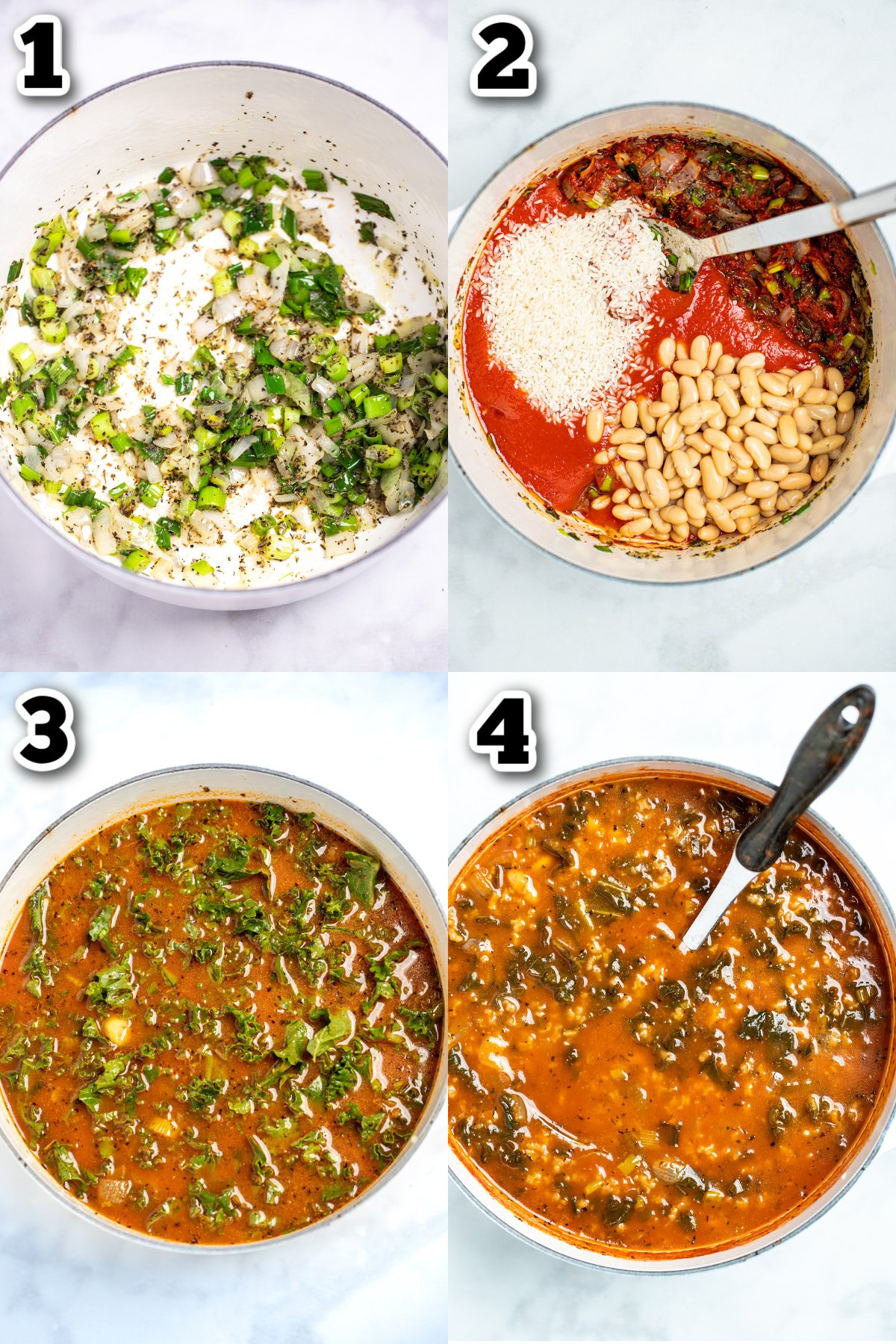 Step by step photos for how to make kale and white bean soup.