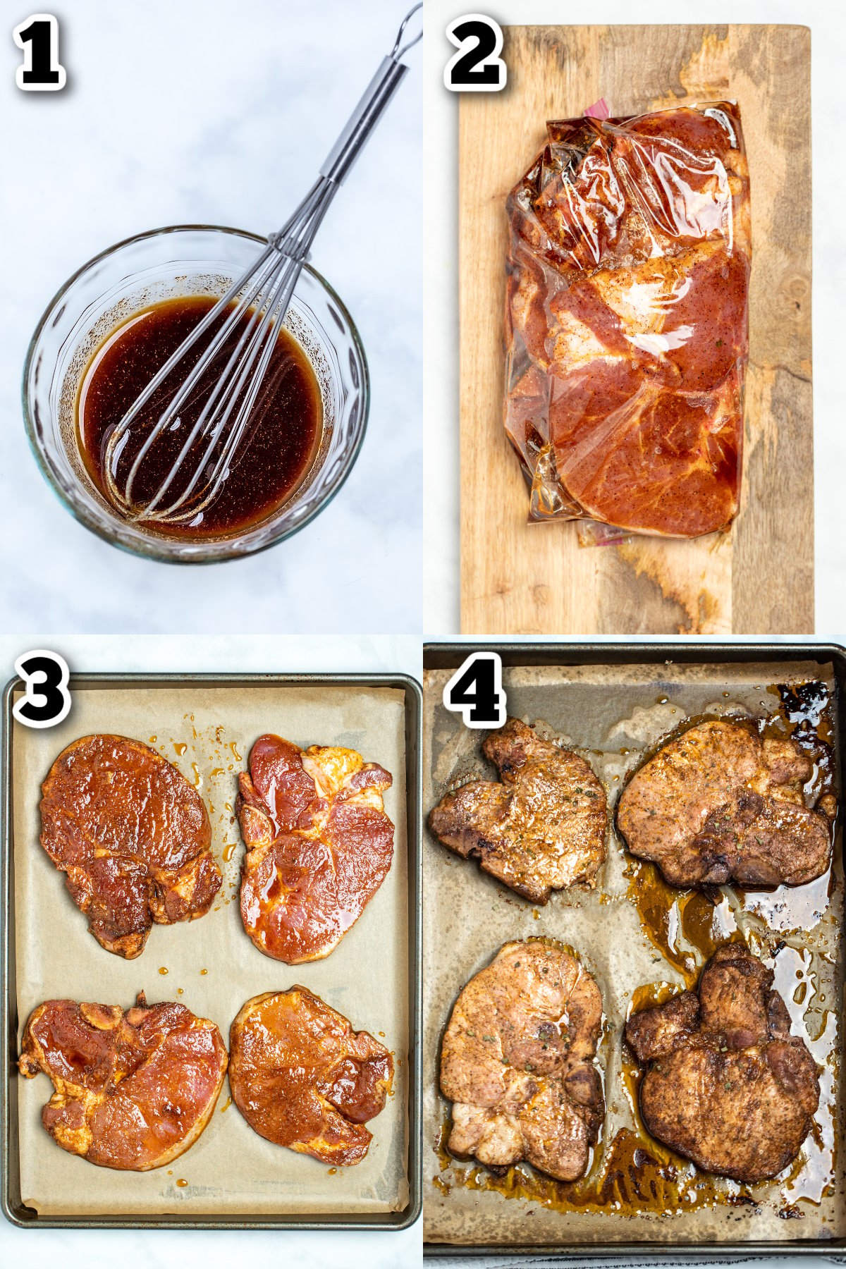 Step by step photos for how to make marinated pork chops.
