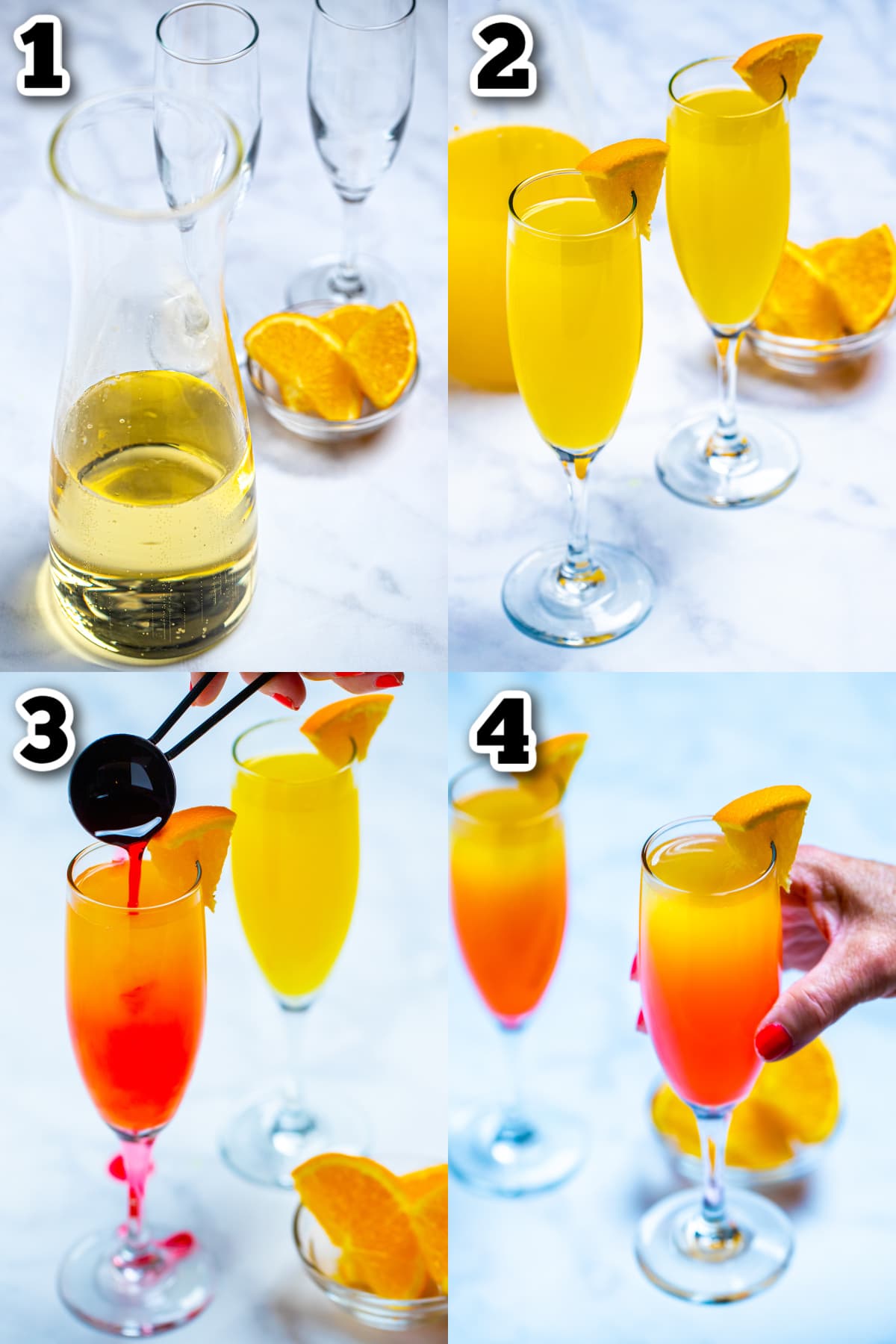 Step by step photos for how to make prosecco mimosas.