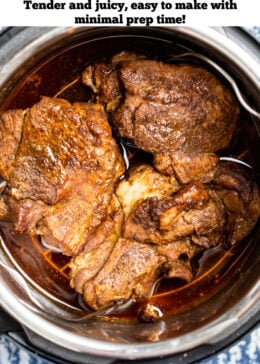 Pinterest pin with an instant pot with cooked pork shoulder on a trivet with drippings below.