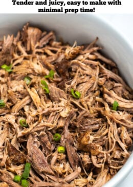 Pinterest pin with shredded pork shoulder in a bowl on a table.