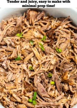 Pinterest pin with shredded pork shoulder in a bowl on a table.