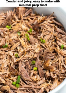 Pinterest pin with shredded pork shoulder in a bowl on a table.