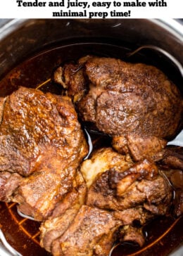 Pinterest pin with cooked pork shoulder in three pieces in an instant pot on a trivet with drippings below.