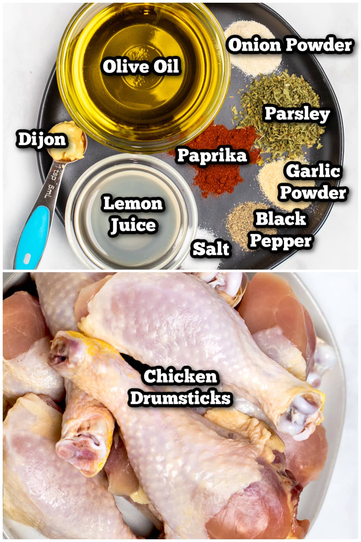 Individual ingredients for chicken drumsticks marinade on a table.