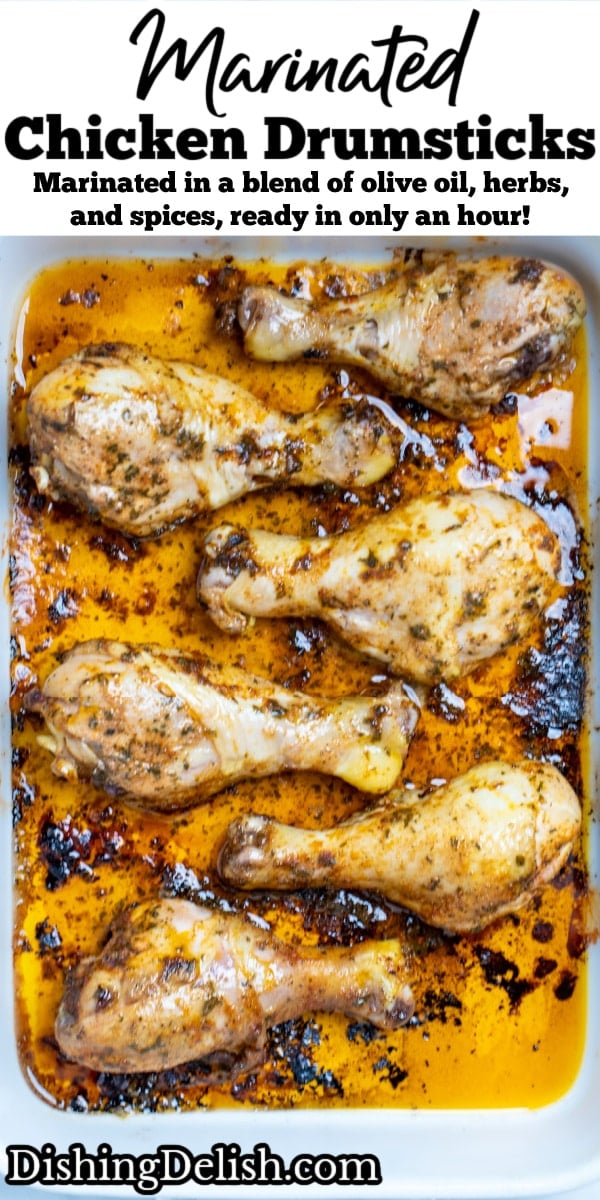 Pinterest pin with a baking dish with cooked chicken drumsticks covered in marinade.